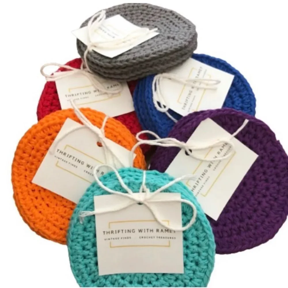Hand Crafted Crochet Table Coasters Red One Set of 4 - Picture 3 of 7